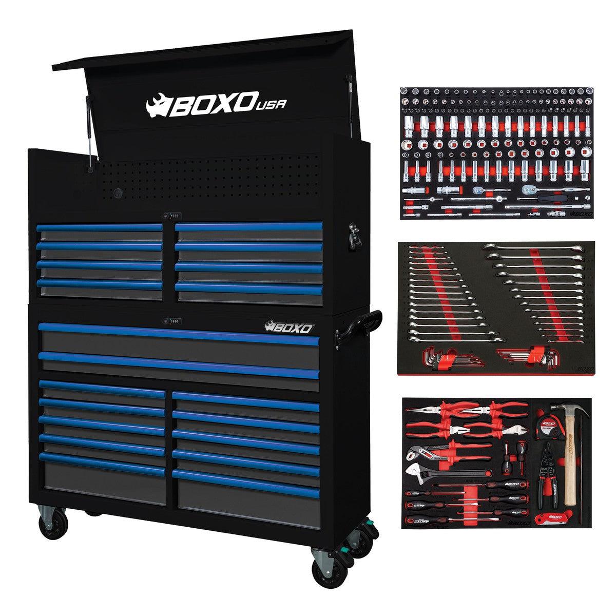 BoxoUSA, Pro Series = Loaded 53" 20-Drawer Rolling Tool Box = Black and Blue