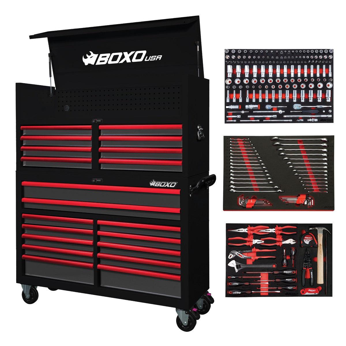 BoxoUSA, Pro Series = Loaded 53" 20-Drawer Rolling Tool Box = Black and Red