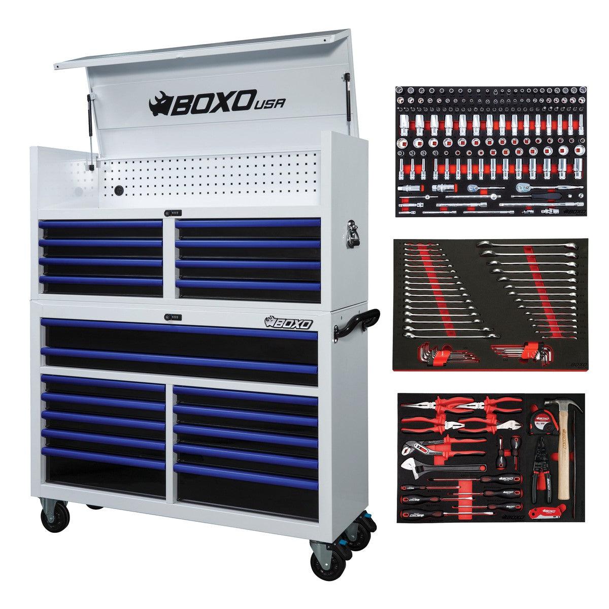 BoxoUSA, Pro Series = Loaded 53" 20-Drawer Rolling Tool Box = White and Blue