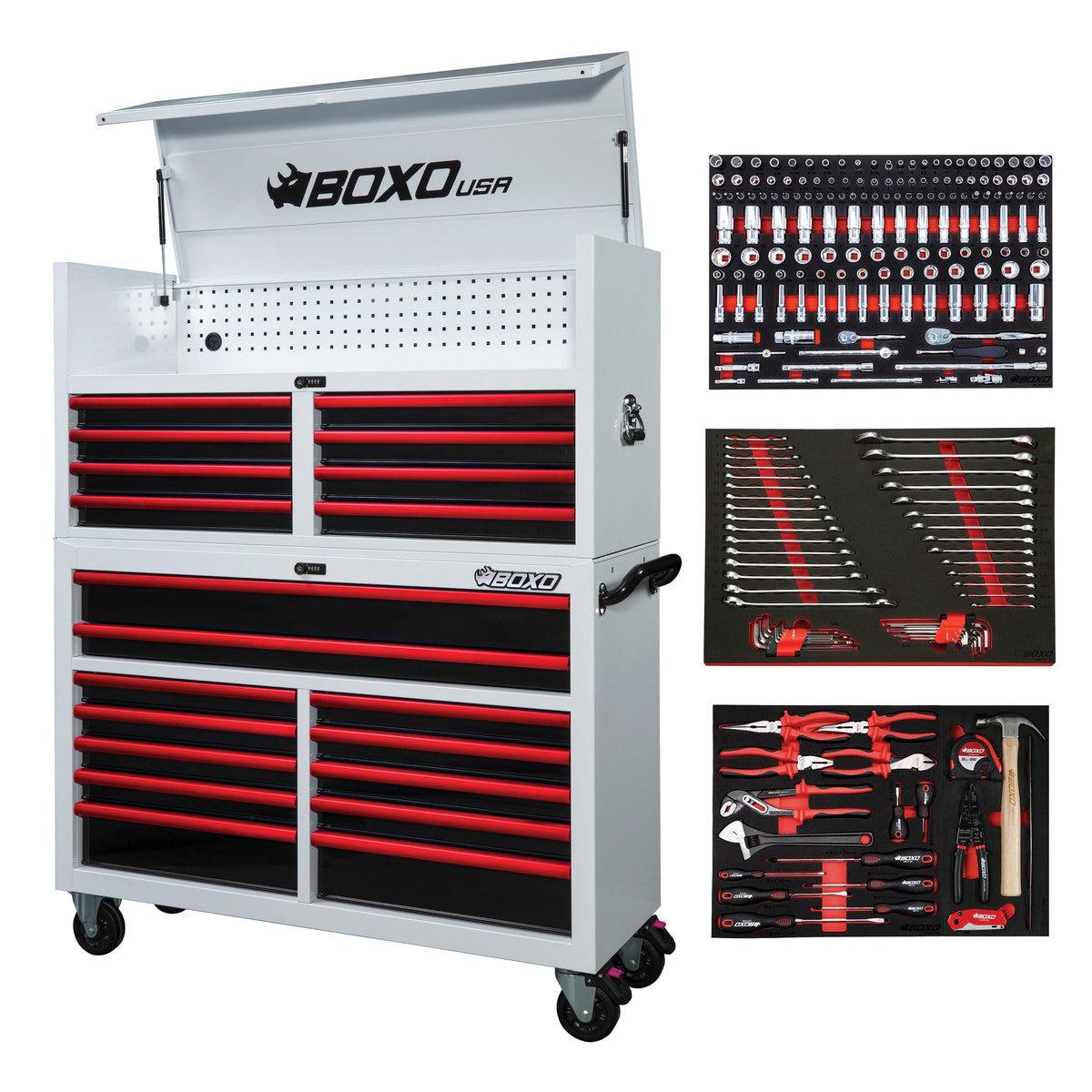 BoxoUSA, Pro Series = Loaded 53" 20-Drawer Rolling Tool Box = White and Red