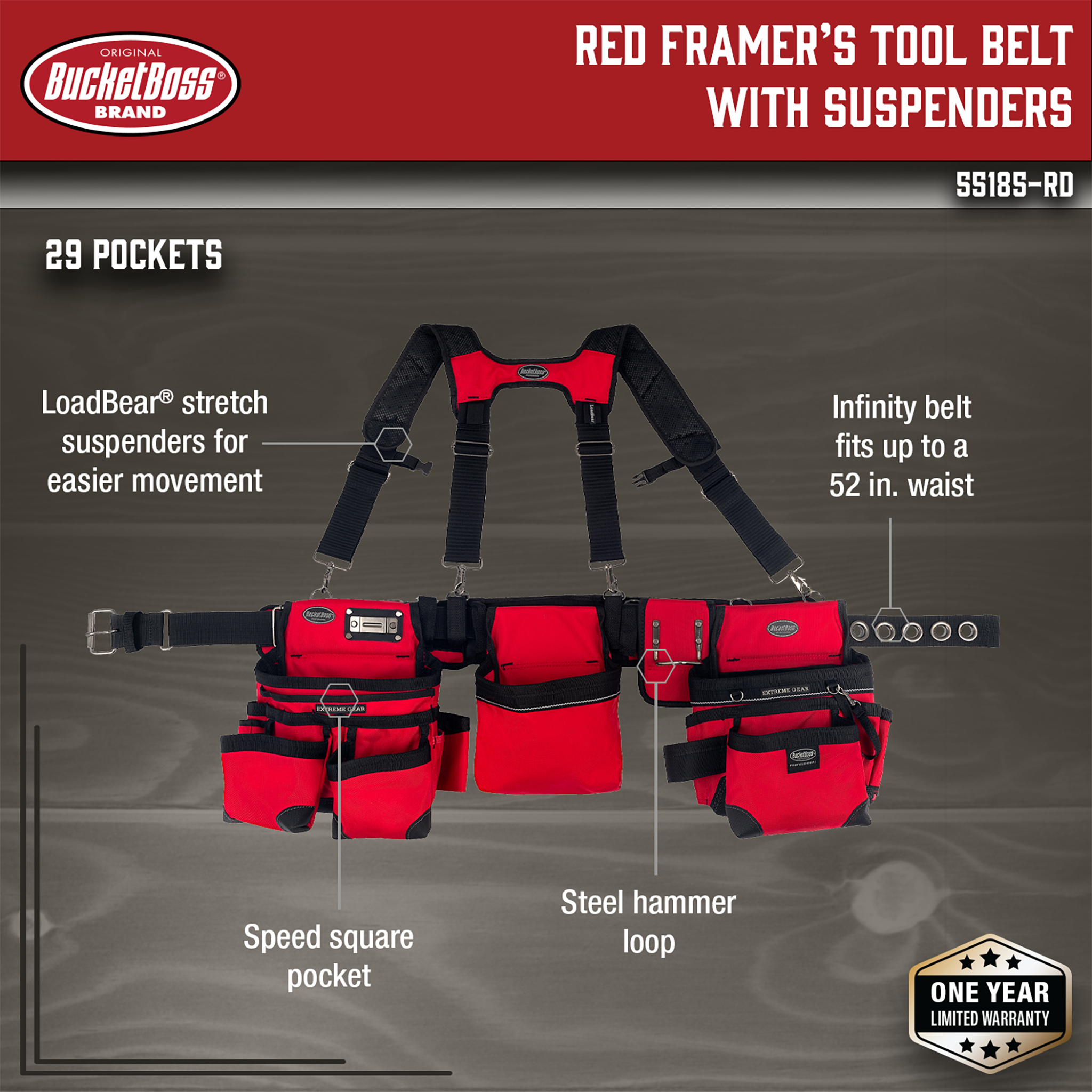 Bucket Boss, Red Framer's Tool Belt with Suspenders