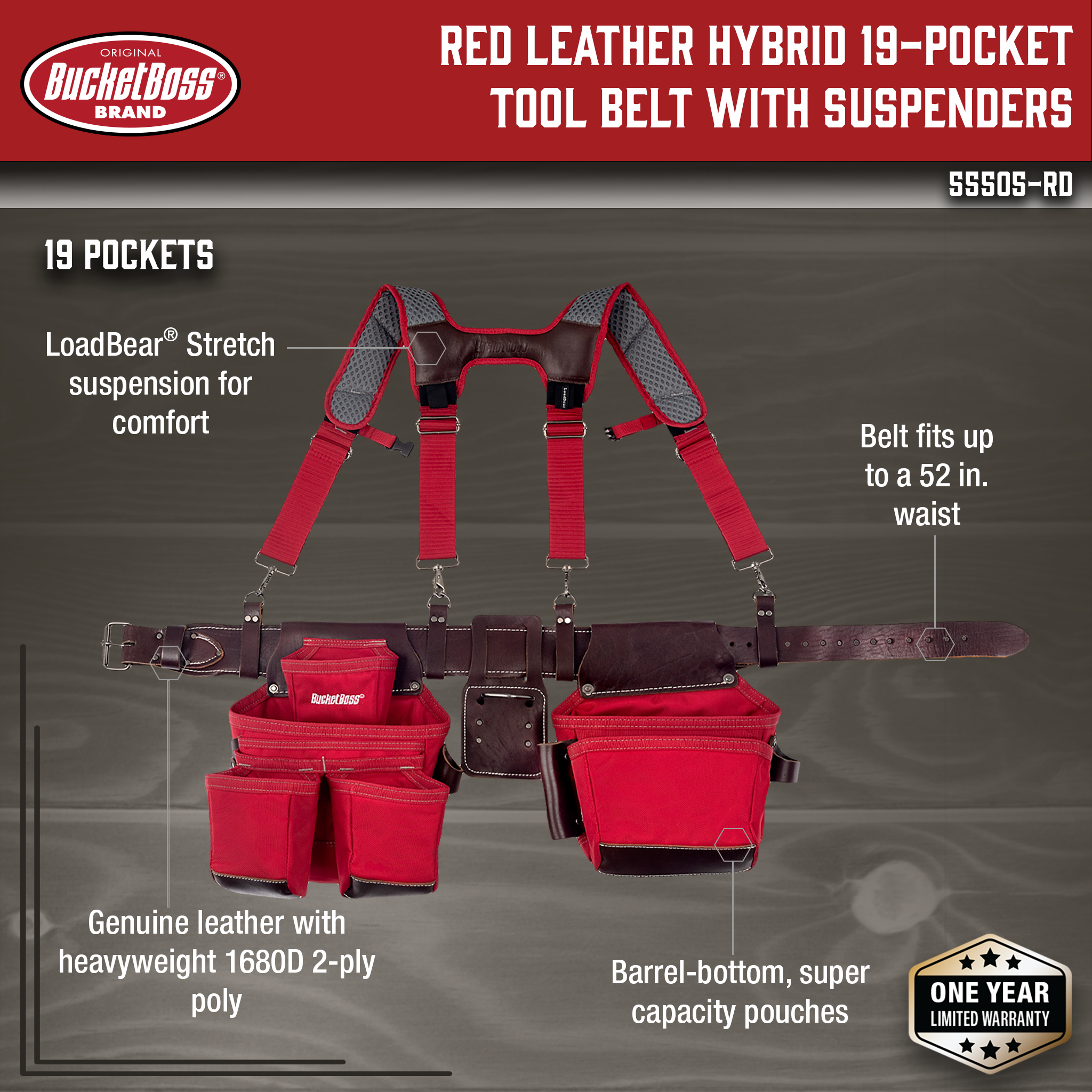 Bucket Boss, Red Leather Hybrid 19-Pocket Suspension Rig