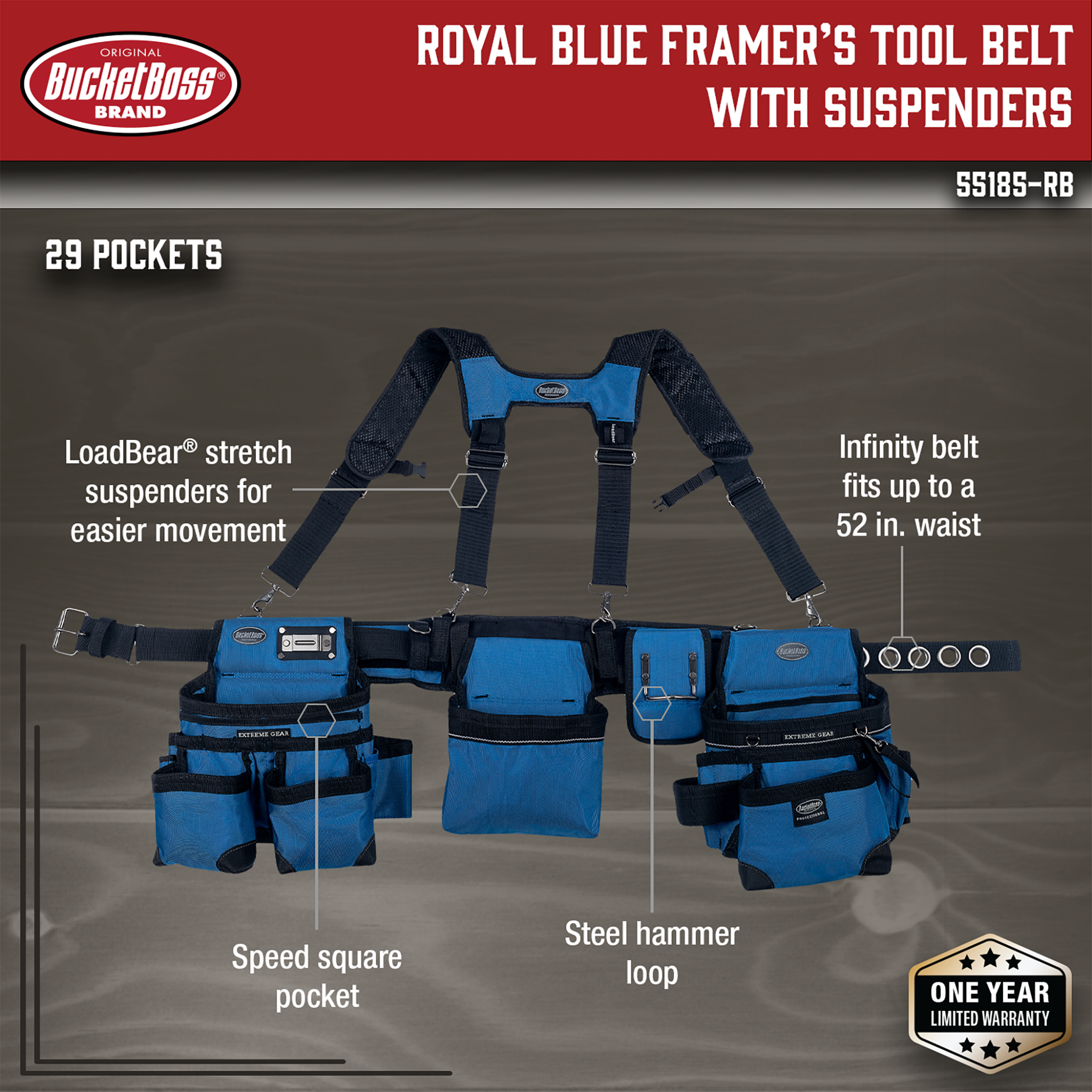 Bucket Boss, Royal Blue Framer's Tool Belt with Suspenders