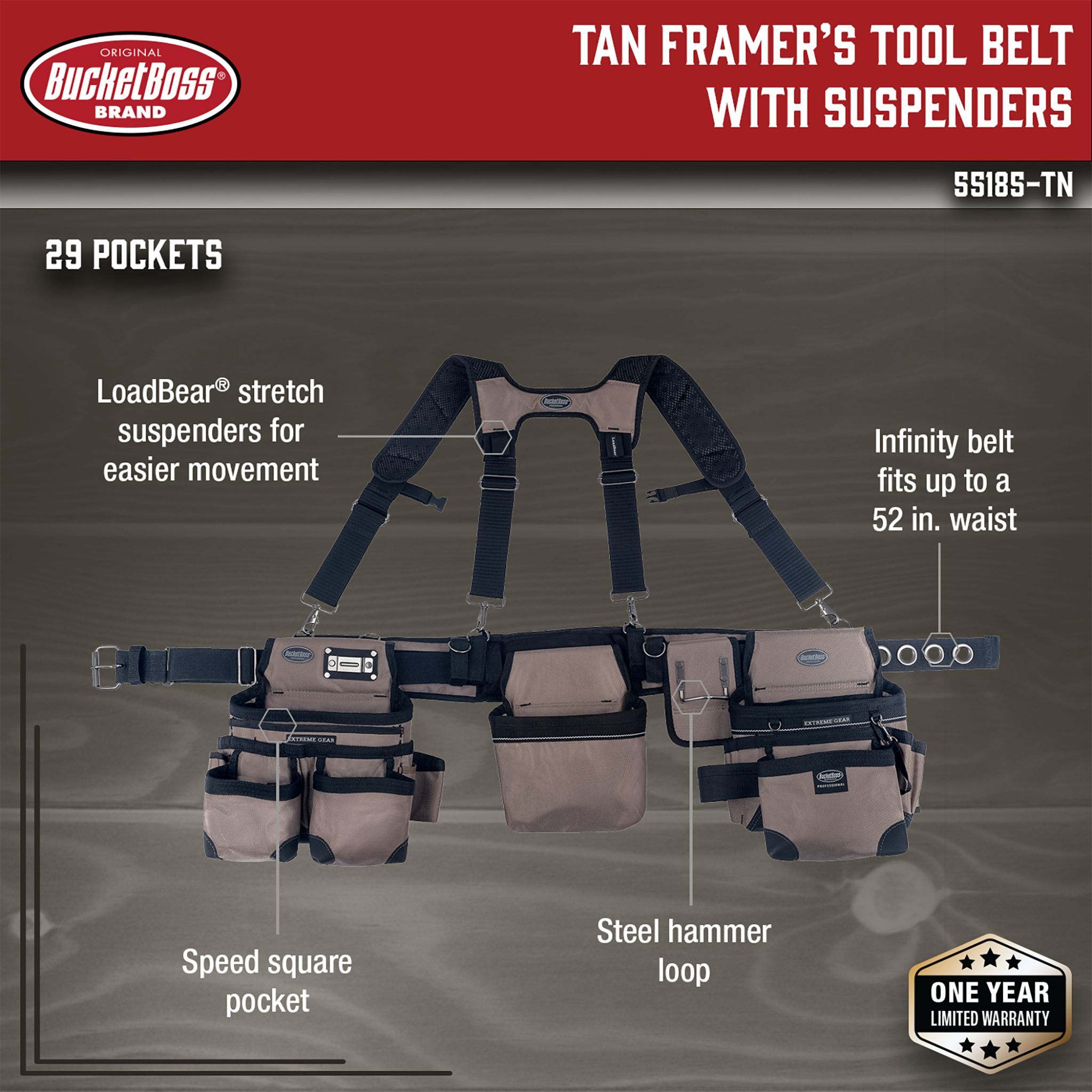 Bucket Boss, Tan Framer's Tool Belt with Suspenders