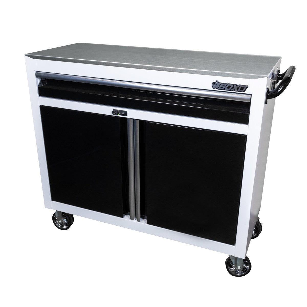 BoxoUSA, Tech Series = 45" Rolling Display Cabinet with Stainless Steel Countertop = White